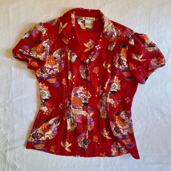 Michele Tops - Vtg Michele Michelle Short Sleeve Blouse Sz Med Red Boho Colorful Office Pleated